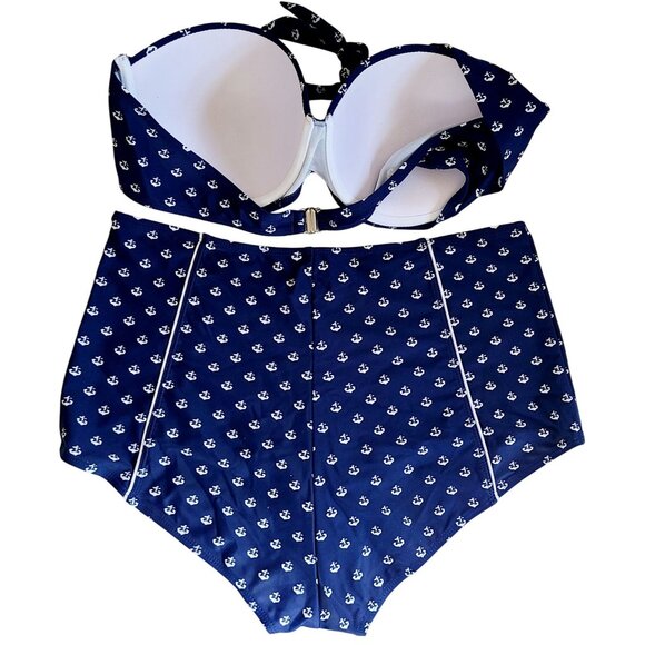 Bikini Set Navy Anchor Print High-Waist Bottom Halter Top Vintage Inspired Retro - Picture 2 of 12